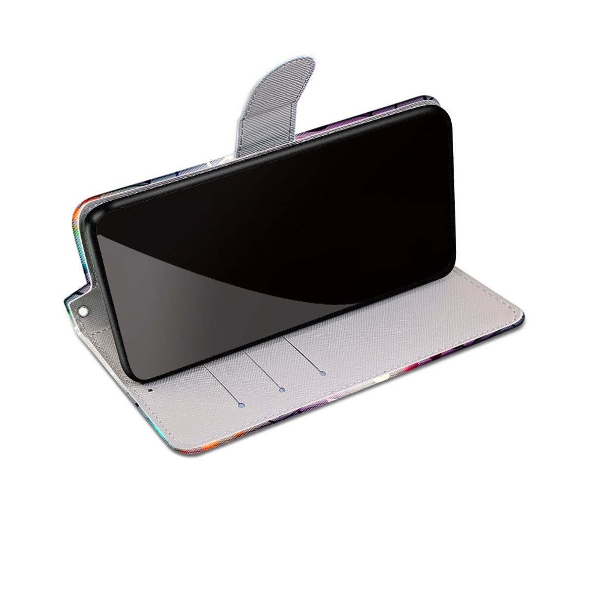 Geöffnete Handyhülle mit Telefon. Die Hülle hat ein farbenfrohes Design. Weißer Hintergrund.