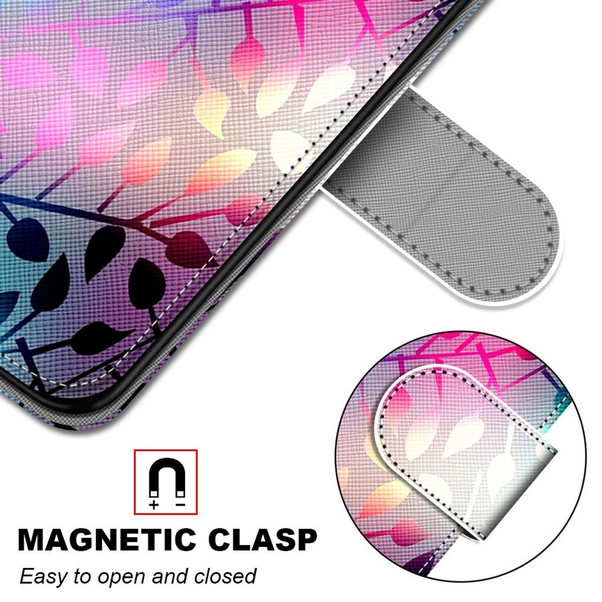 Nahaufnahme einer bunten Handyhülle mit Magnetverschluss und floralem Design.
