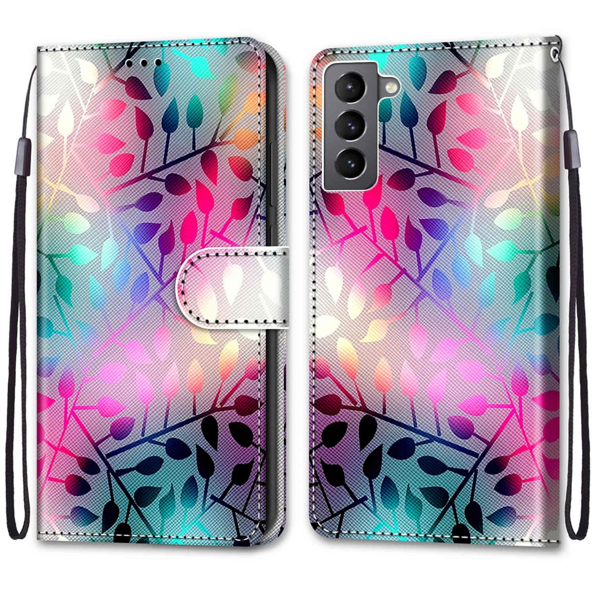Handyhülle mit einem bunten Blumendesign. Die Hülle ist offen und zeigt das Telefon.