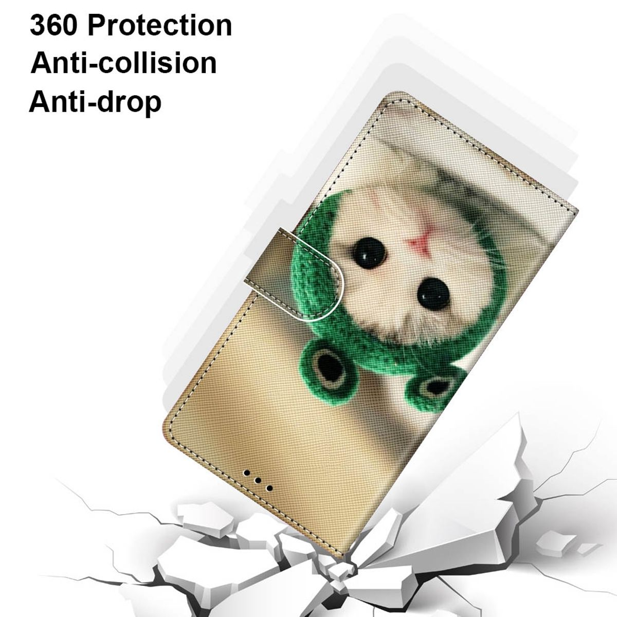 Handyhülle mit Katzenbild, Text: 360 Schutz, Anti-Kollision, Anti-Fall, zerbrochener Boden.