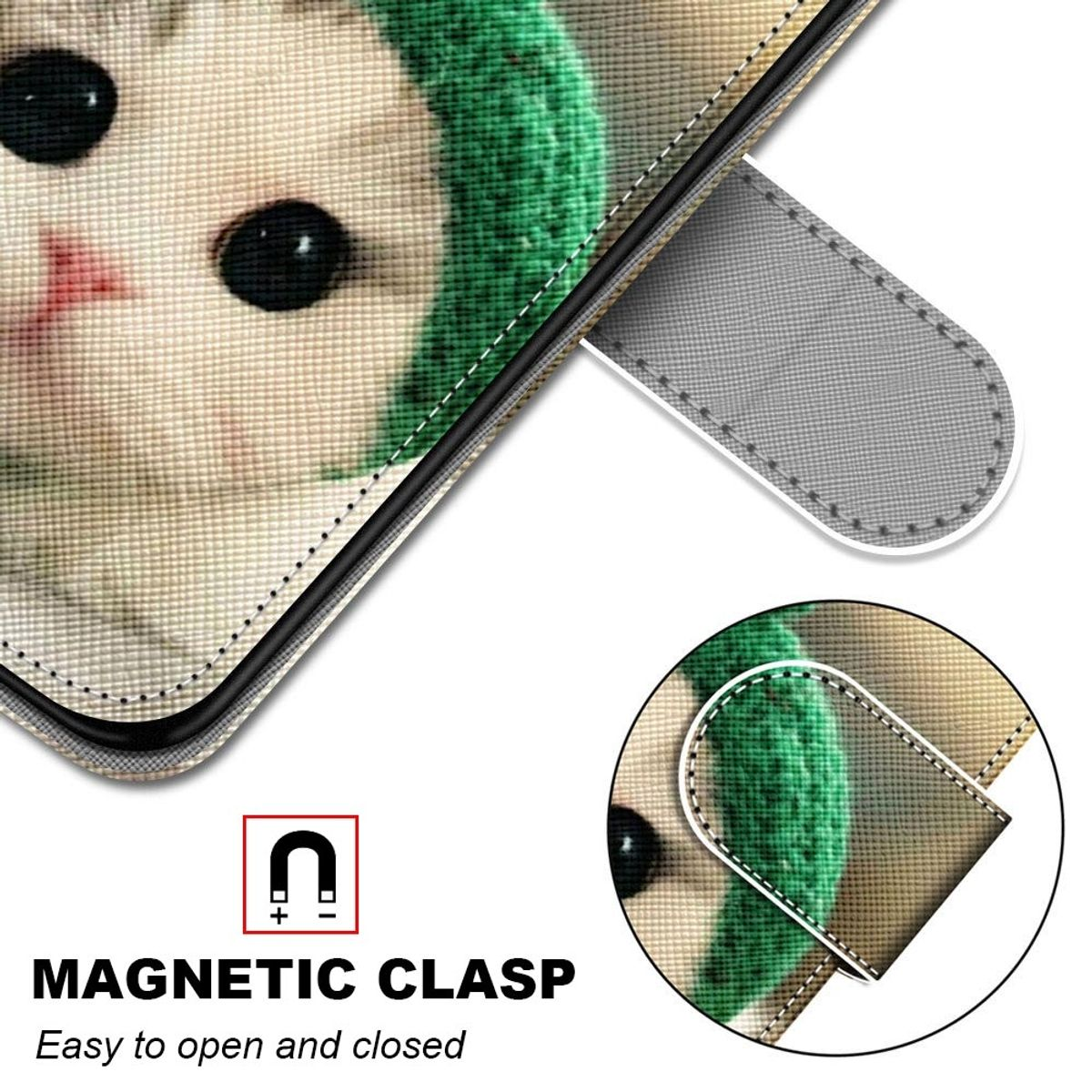 Handyhülle mit Katzenbild und Magnetverschluss zum einfachen Öffnen und Schließen.