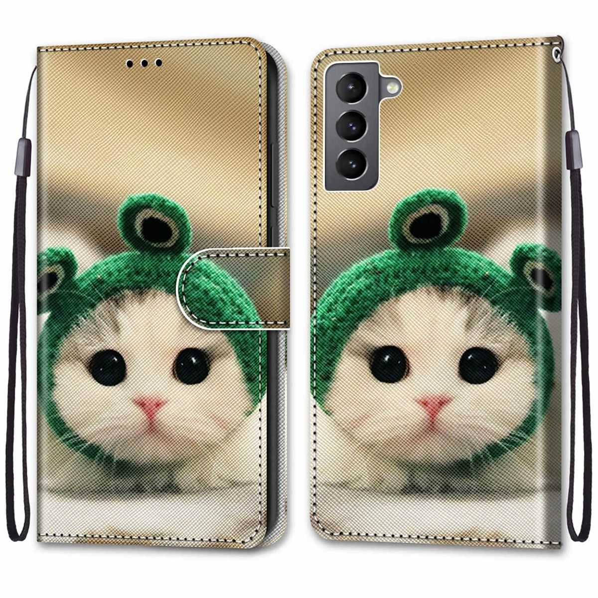 Eine Handyhülle mit einer niedlichen Katze mit grünem Hut. Die Hülle ist geöffnet, das Telefon sichtbar.