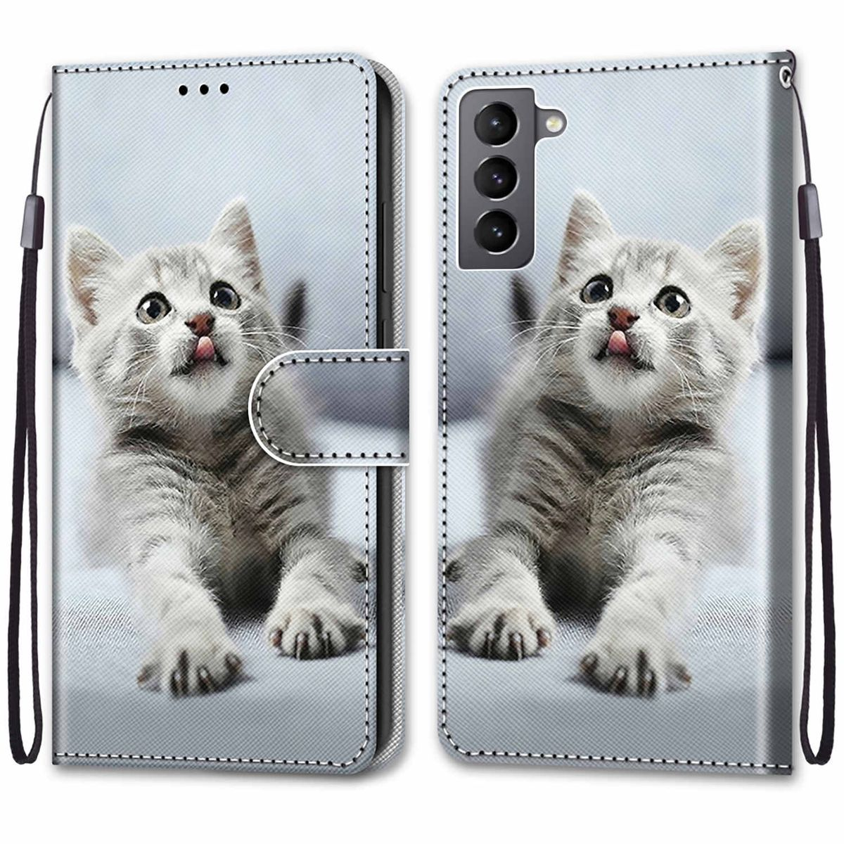 Offene Handyhülle mit Katzenbild. Zwei graue Kätzchen mit herausgestreckter Zunge.