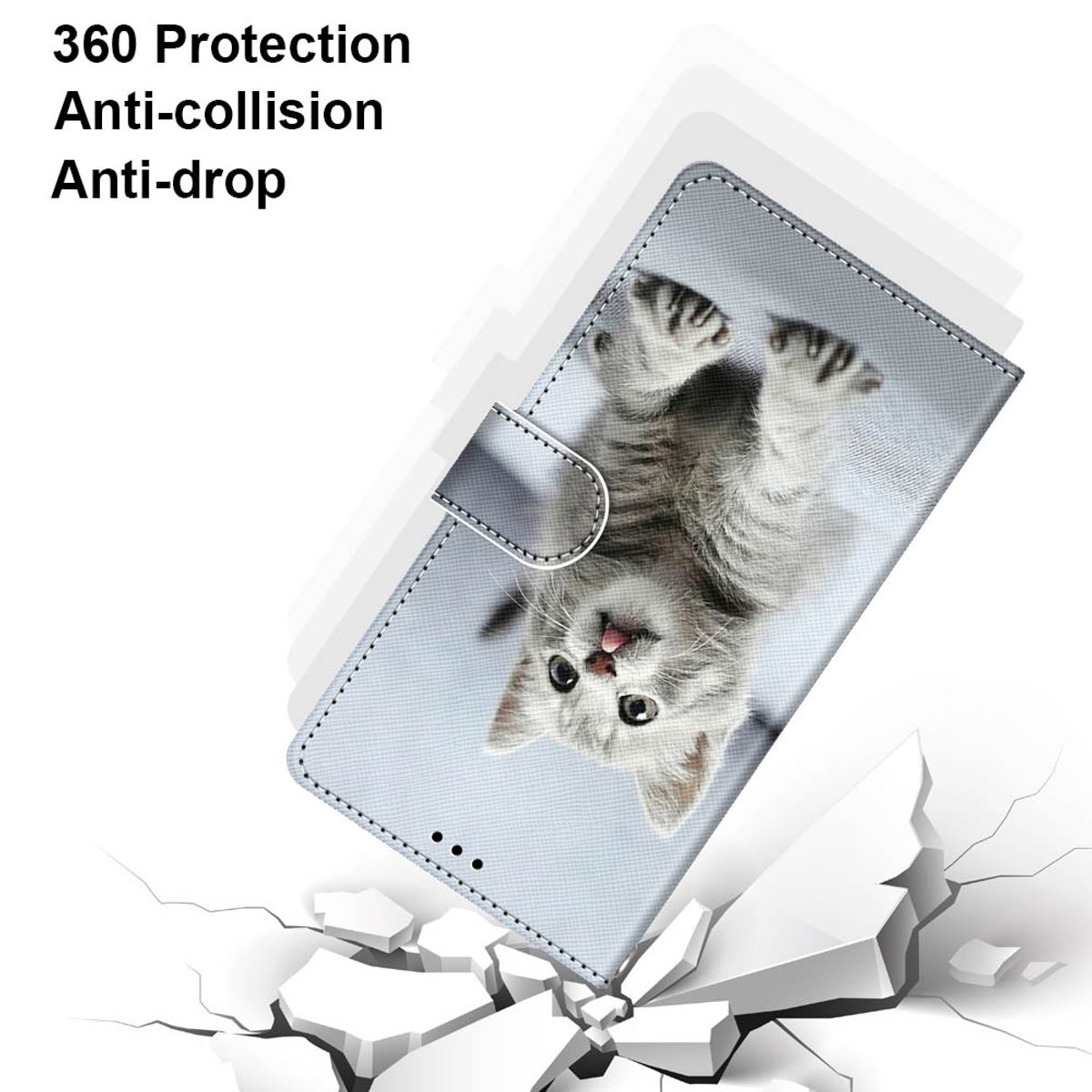 Eine Handyhülle mit Kätzchen. Text: 360 Schutz, Anti-Kollision und Anti-Drop.