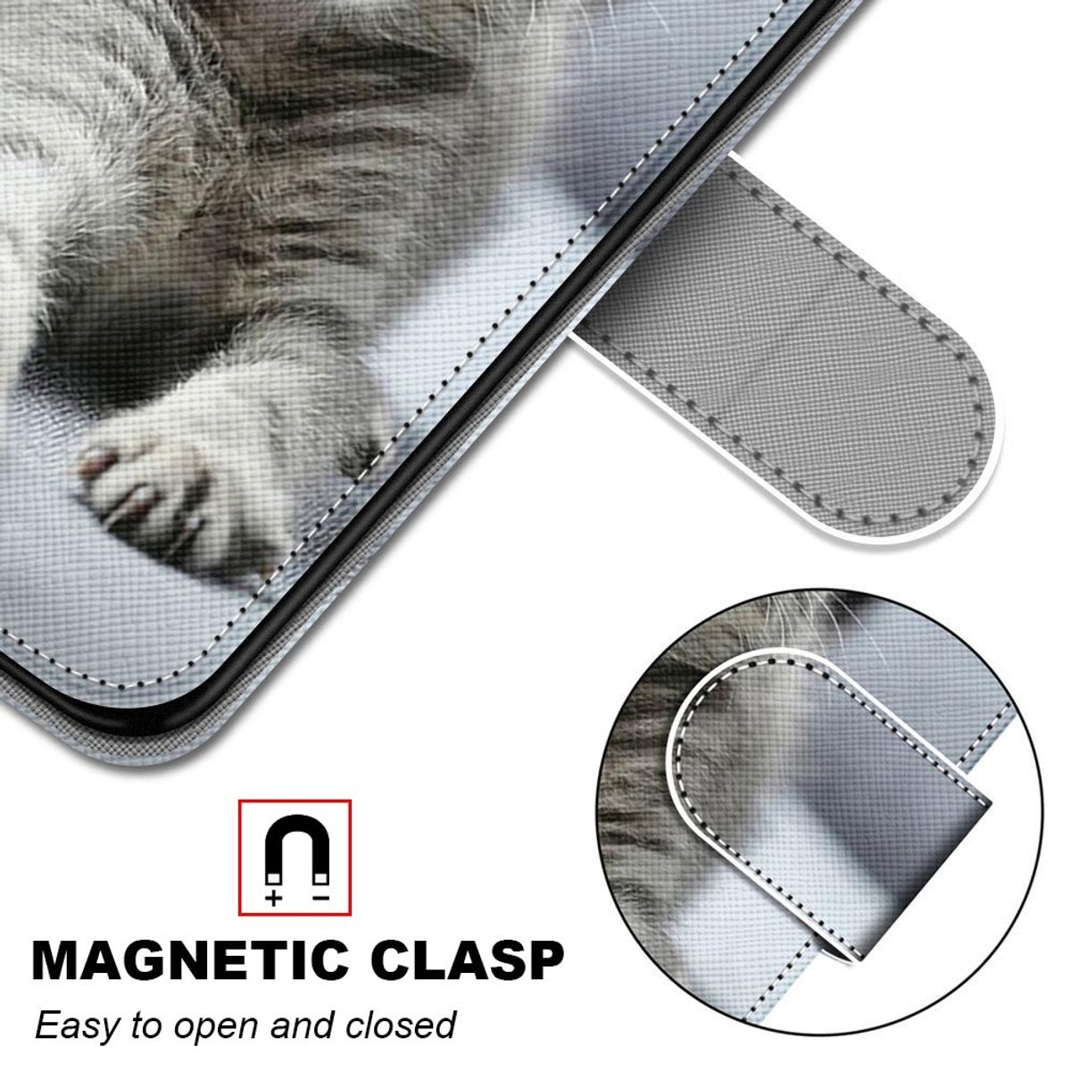 Nahaufnahme einer Handyhülle mit Katzenbild und Beschreibung des Magnetverschlusses.