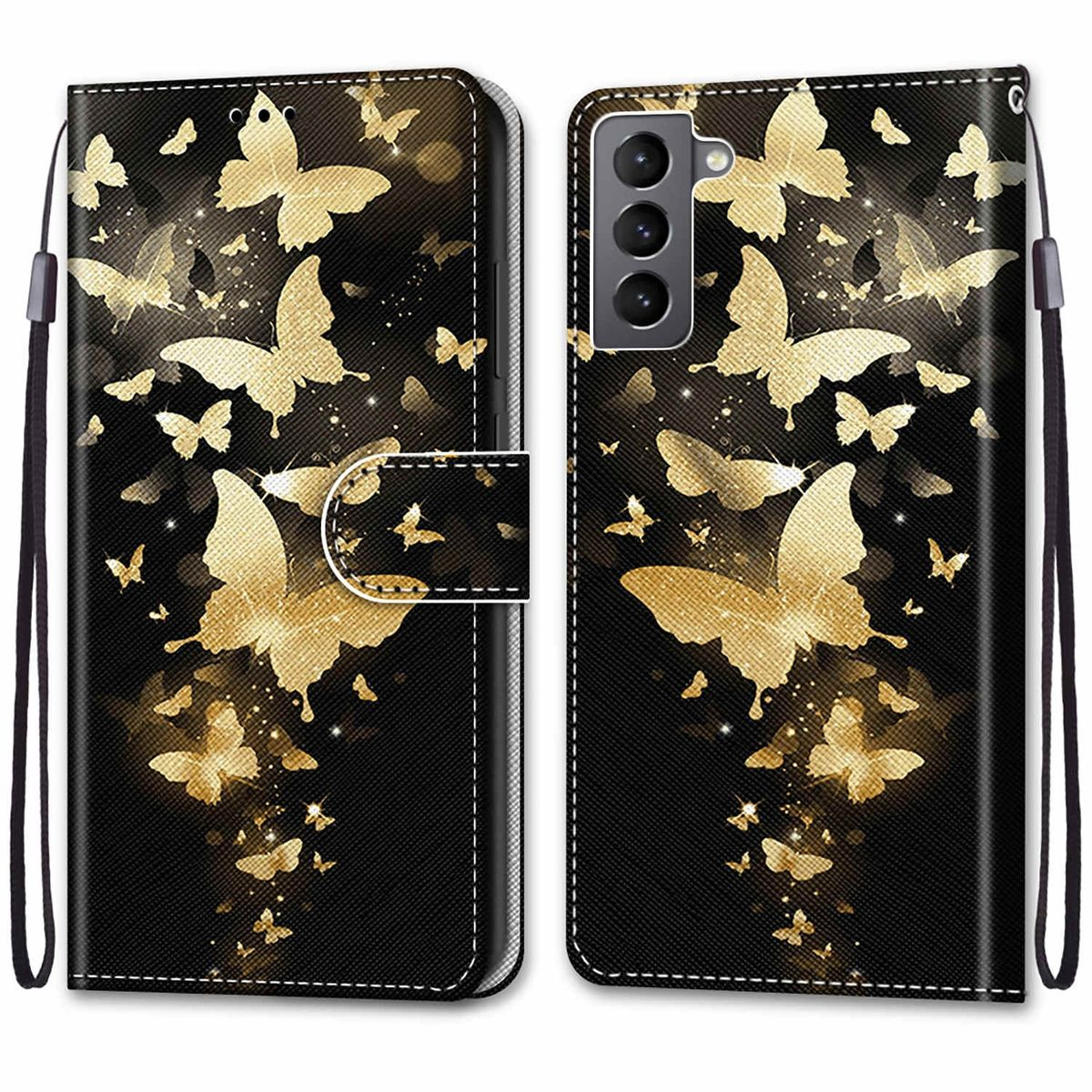Schwarze Handyhülle mit goldenem Schmetterlingsdesign, geöffnet auf schwarzem Hintergrund.