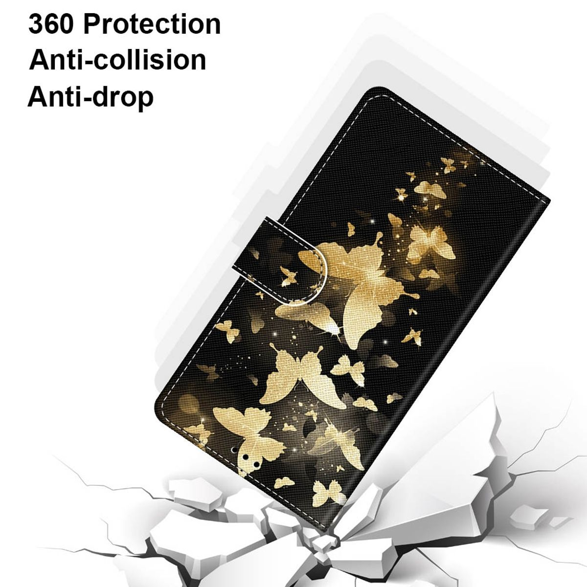 Handyhülle mit goldenen Schmetterlingen auf schwarzem Grund, Text: 360 Schutz, Anti-Kollision, Anti-Fall.