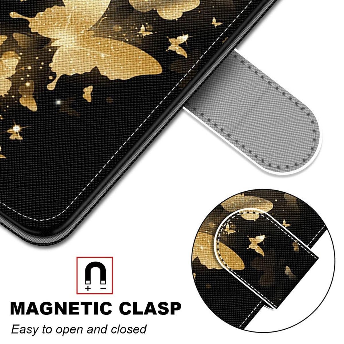 Eine Handy-Geldbörsenhülle mit schwarzem Hintergrund, goldenen Schmetterlingen und einem Magnetverschluss.