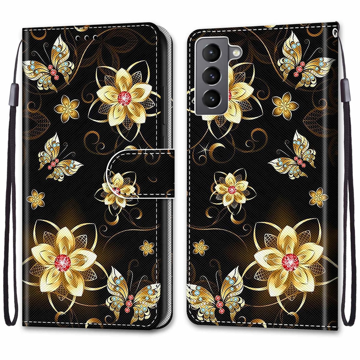 Schwarze Handyhülle mit goldenem Blumenmuster, offen, zeigt Telefon und Kartenfächer.