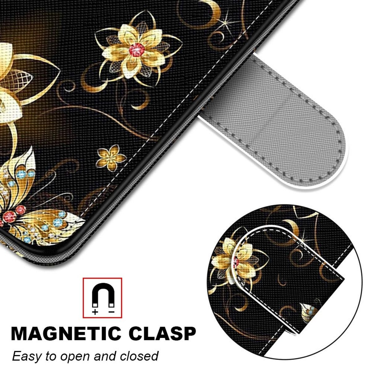 Eine schwarze Handyhülle mit goldenem Blumendesign und Magnetverschluss. Der Verschluss ist geöffnet dargestellt.