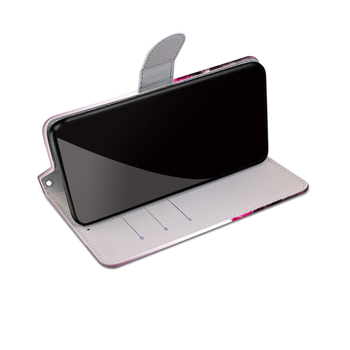 Ein Telefon in einem rosa Blumengehäuse, geöffnet, das den Telefonbildschirm zeigt.