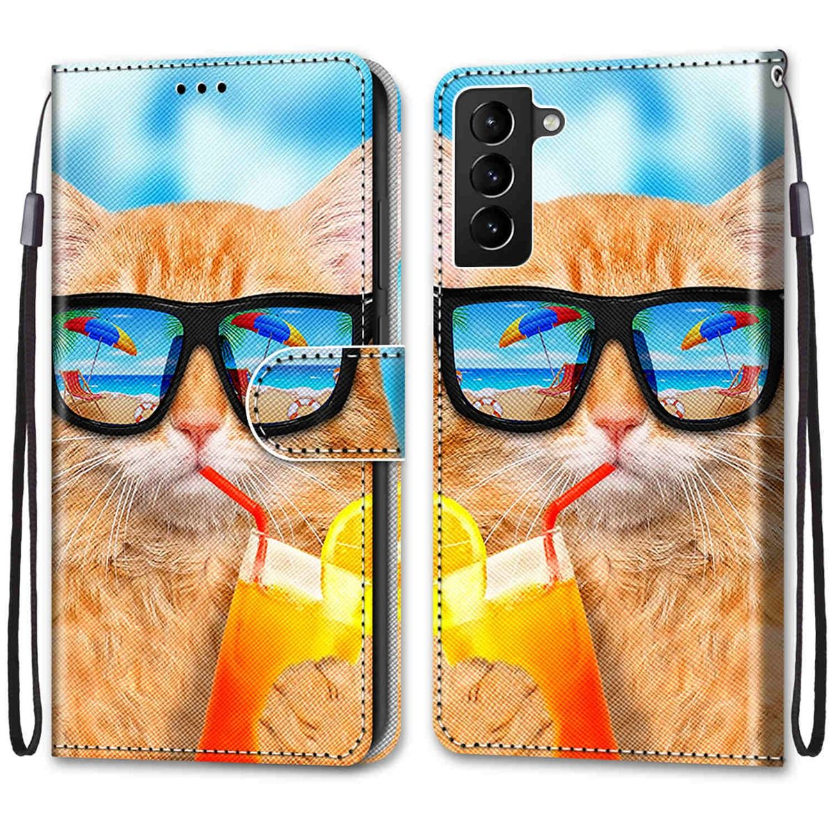 Orange Katze mit Sonnenbrille mit Strandmotiv auf einer Handyhülle.