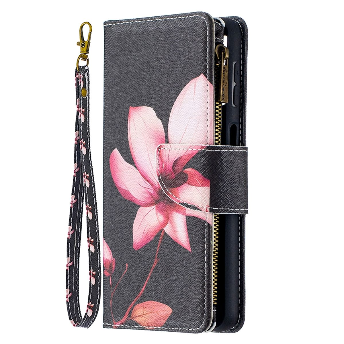 Handyhülle mit floralem Design, Riemen und Reißverschluss.