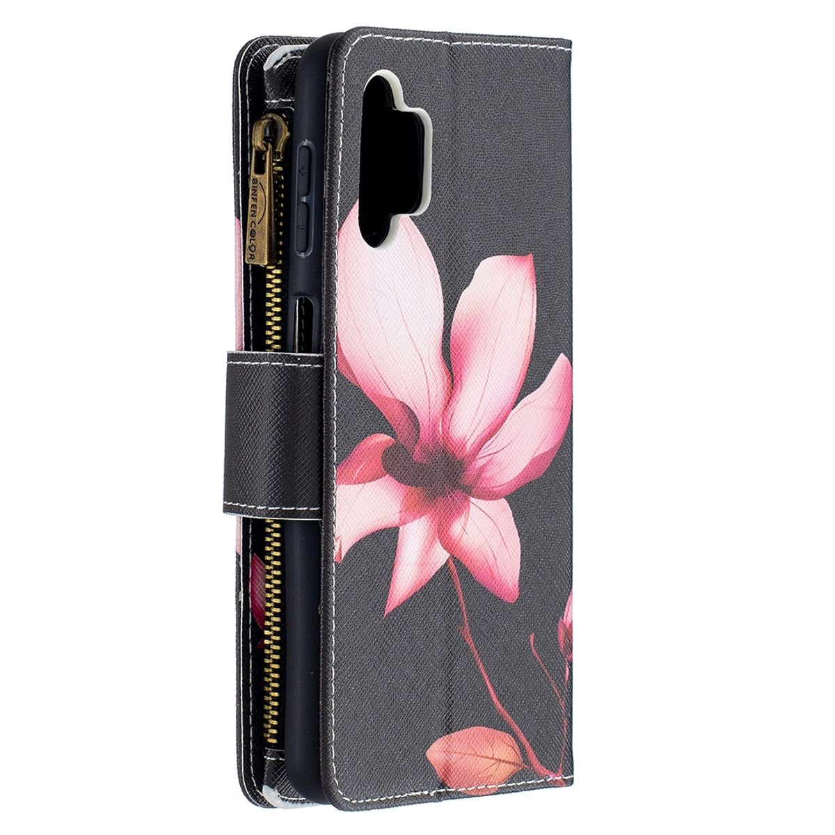 Handyhülle mit Blumendesign und Reißverschlusstasche. Die Hülle ist schwarz und rosa.