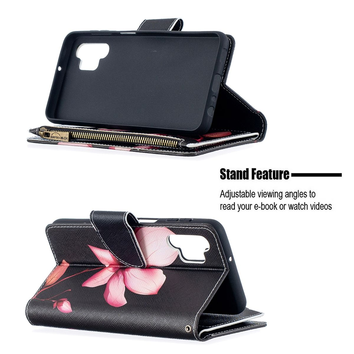 Eine schwarze Handytasche mit rosa Blumendesign, geöffnet, um das Telefon und Kartenfächer anzuzeigen.