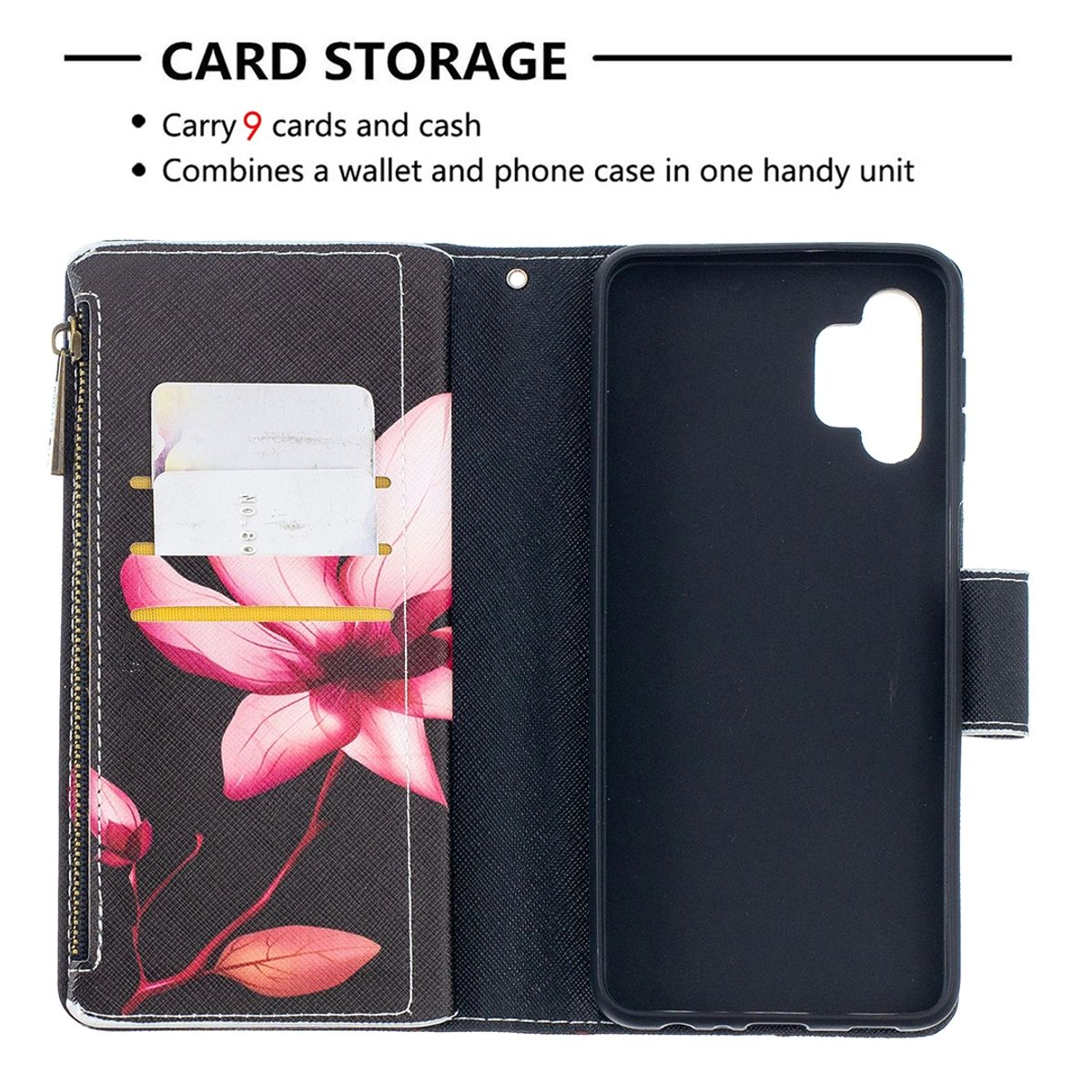 Eine offene Handyhülle mit floralem Design, Karten und einem schwarzen Telefonhalter.