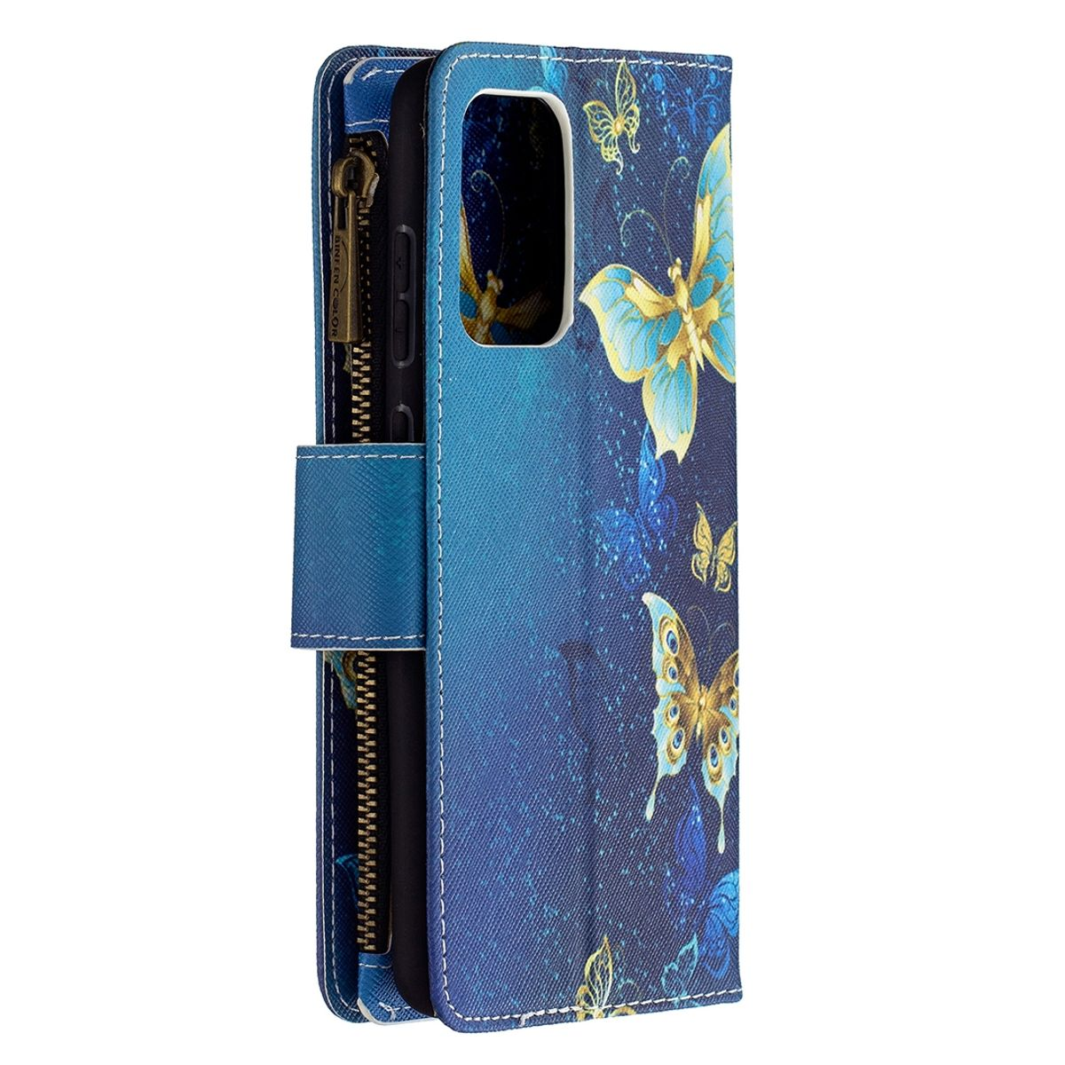 Blaue Handyhülle mit goldenen Schmetterlingen und blauen Blumen. Mit Reißverschluss und offen.