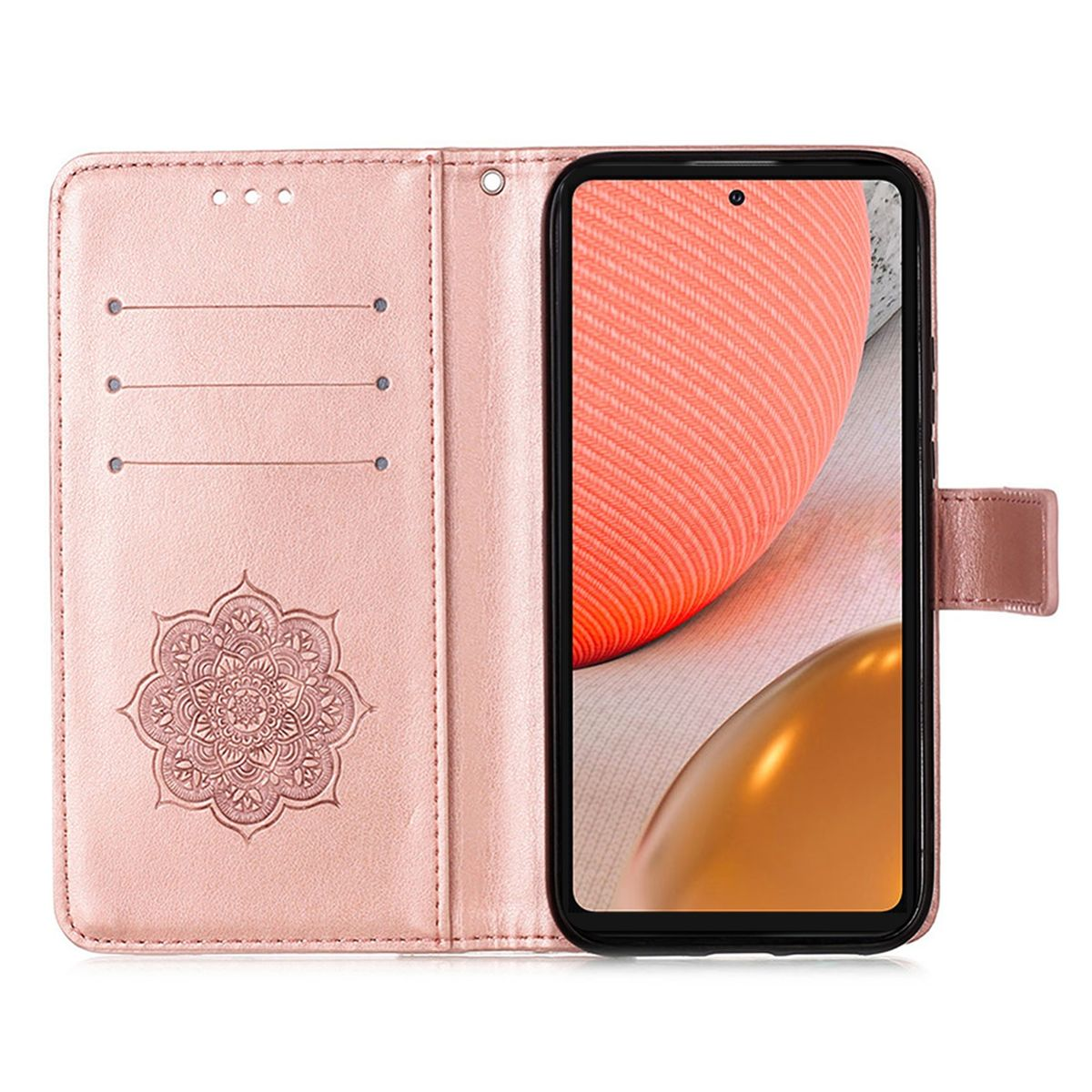 Geöffnete rosa Handy-Geldbörse mit Mandala-Design, Telefon rechts und Kartenfächer.