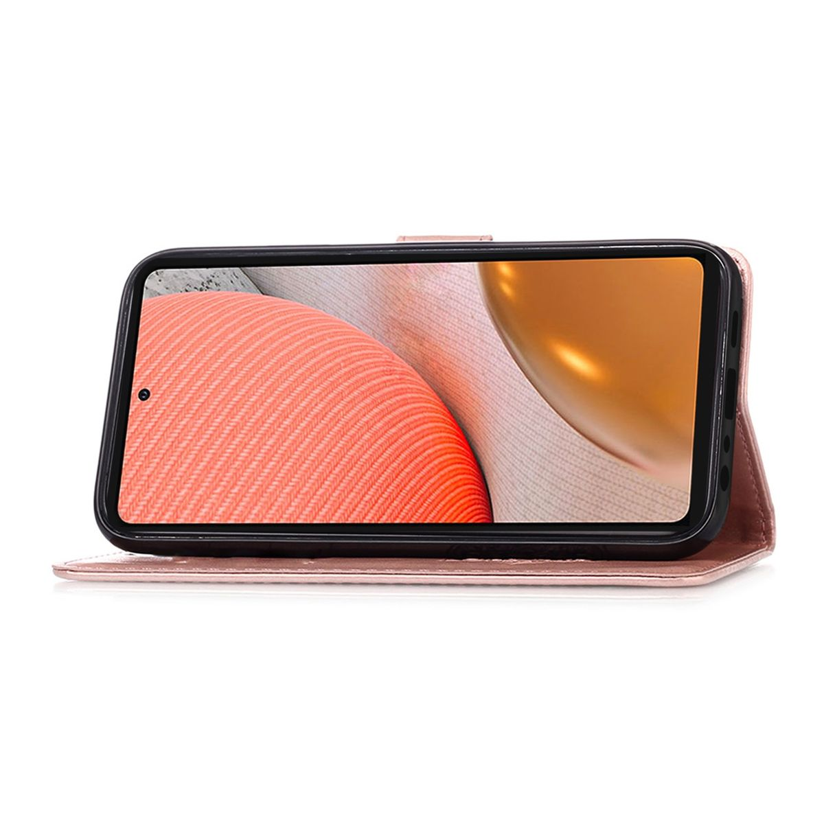 Eine rosa Handyhülle mit einem Telefon darin. Der Bildschirm zeigt einen bunten, abstrakten Hintergrund.
