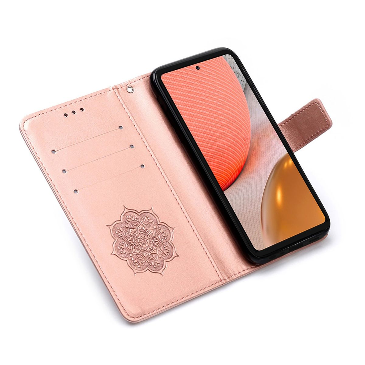 Rosa Handyhülle mit Mandala-Design, offen, um ein Telefon zu zeigen. Weißer Hintergrund.