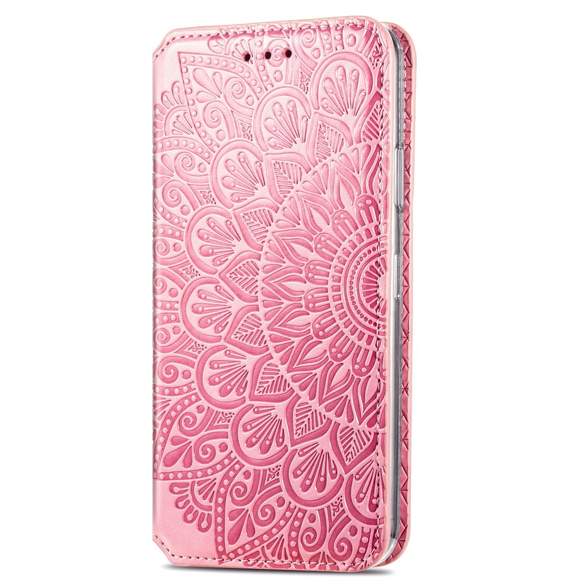 Rosa Handyhülle mit geprägtem Mandala-Design. Geschlossen und aufrecht stehend.