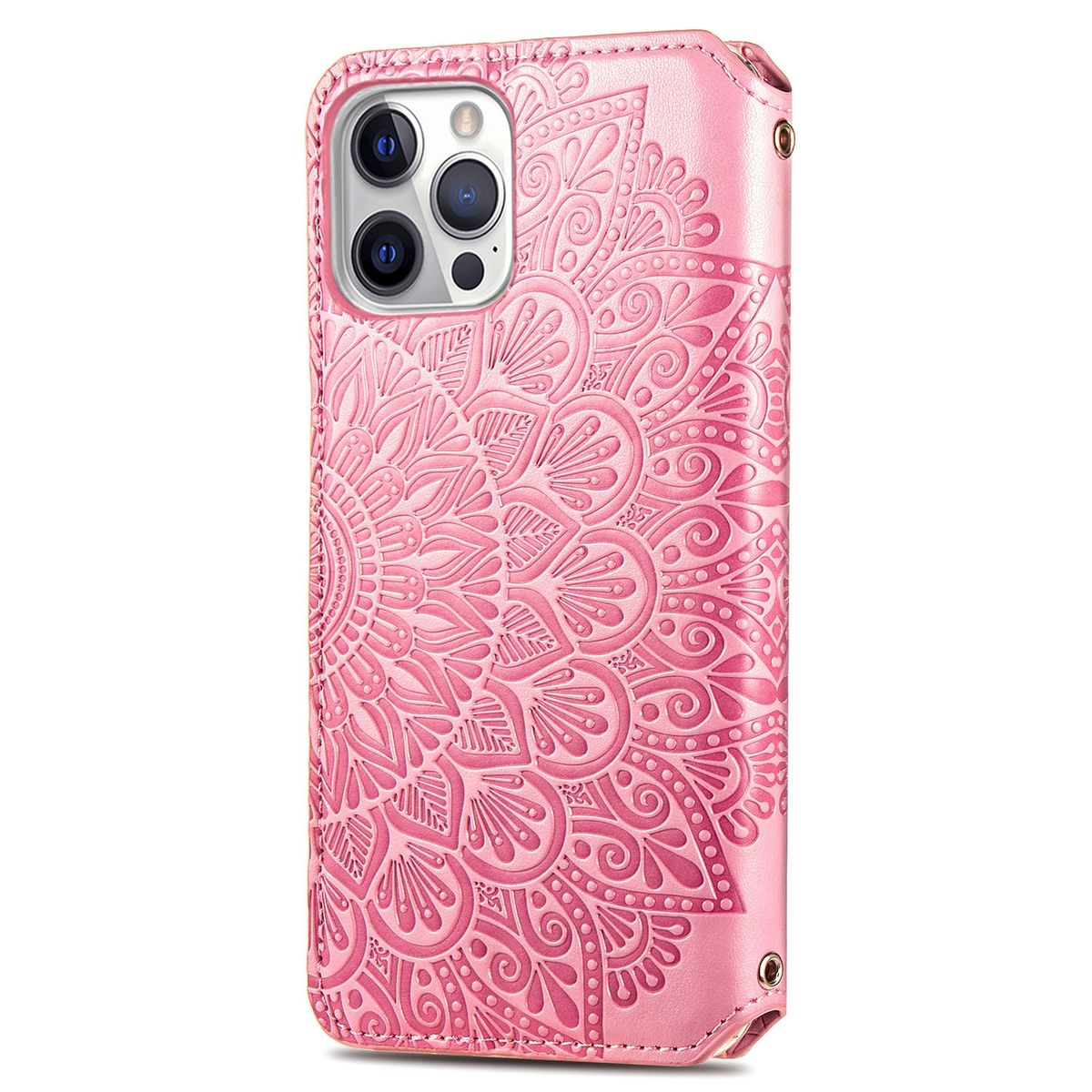 Rosa Handyhülle mit Muster. Das Telefon hat mehrere Kameras.