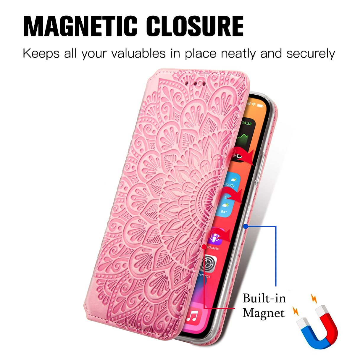 Rosa Handyhülle mit Mandala-Design, geöffnet, um ein Telefon zu zeigen. Magnetverschluss.