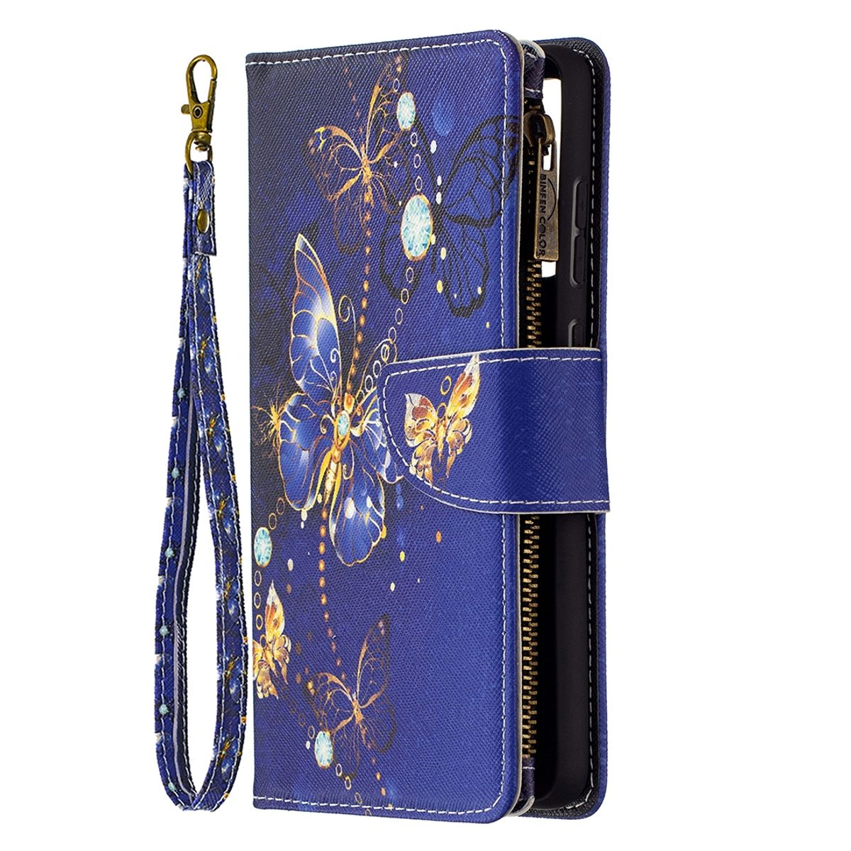 Blaue Handyhülle mit Schmetterlingsdesign, Reißverschluss und Handschlaufe.