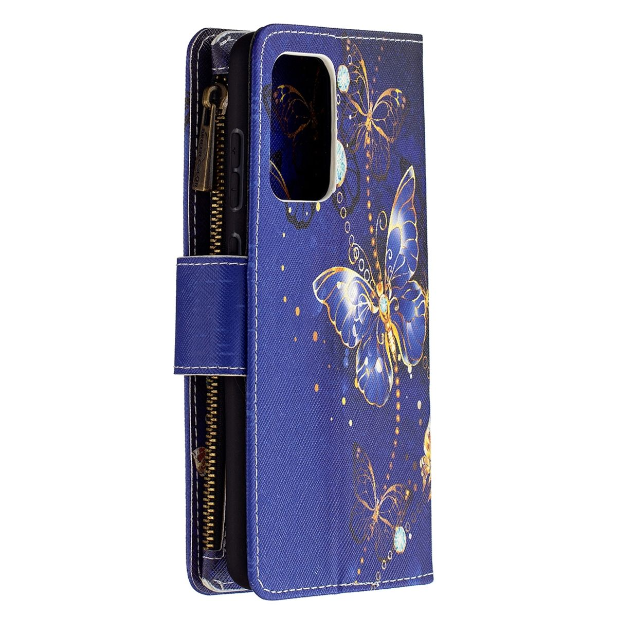 Blaue Handyhülle mit Schmetterlingsdesign. Reißverschluss und Kartenfächer. Weißer Hintergrund. Telefon teilweise sichtbar.