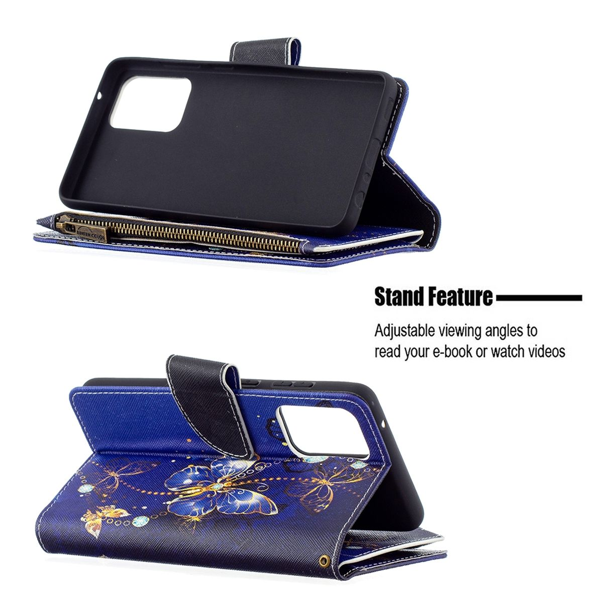 Blau-weiße Handyhülle, geöffnet, um eine Stützfunktion zu zeigen. Das Telefon ist im Etui.