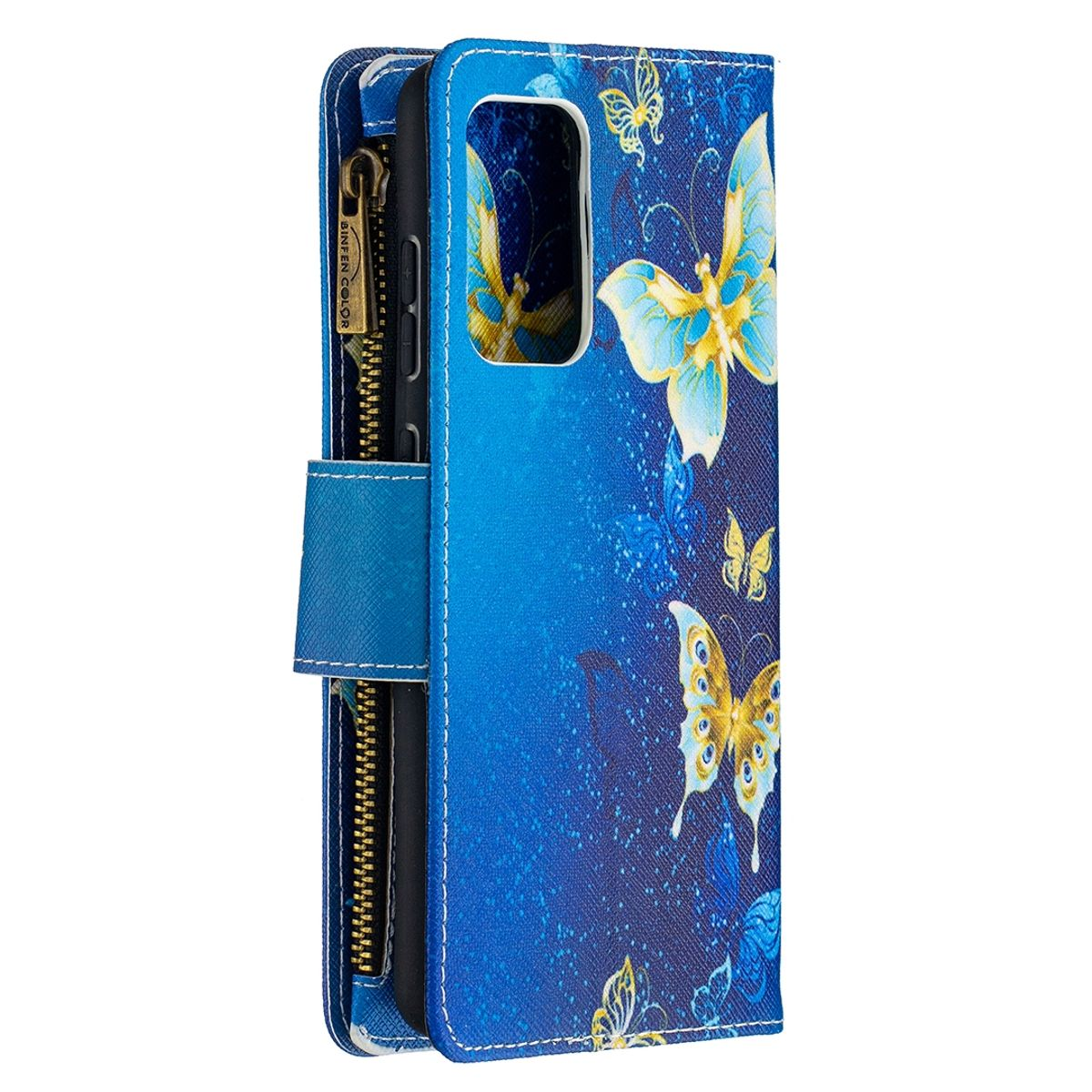 Blaue Handyhülle mit Schmetterlingsdruck, goldenem Reißverschluss und blauem Riemen.