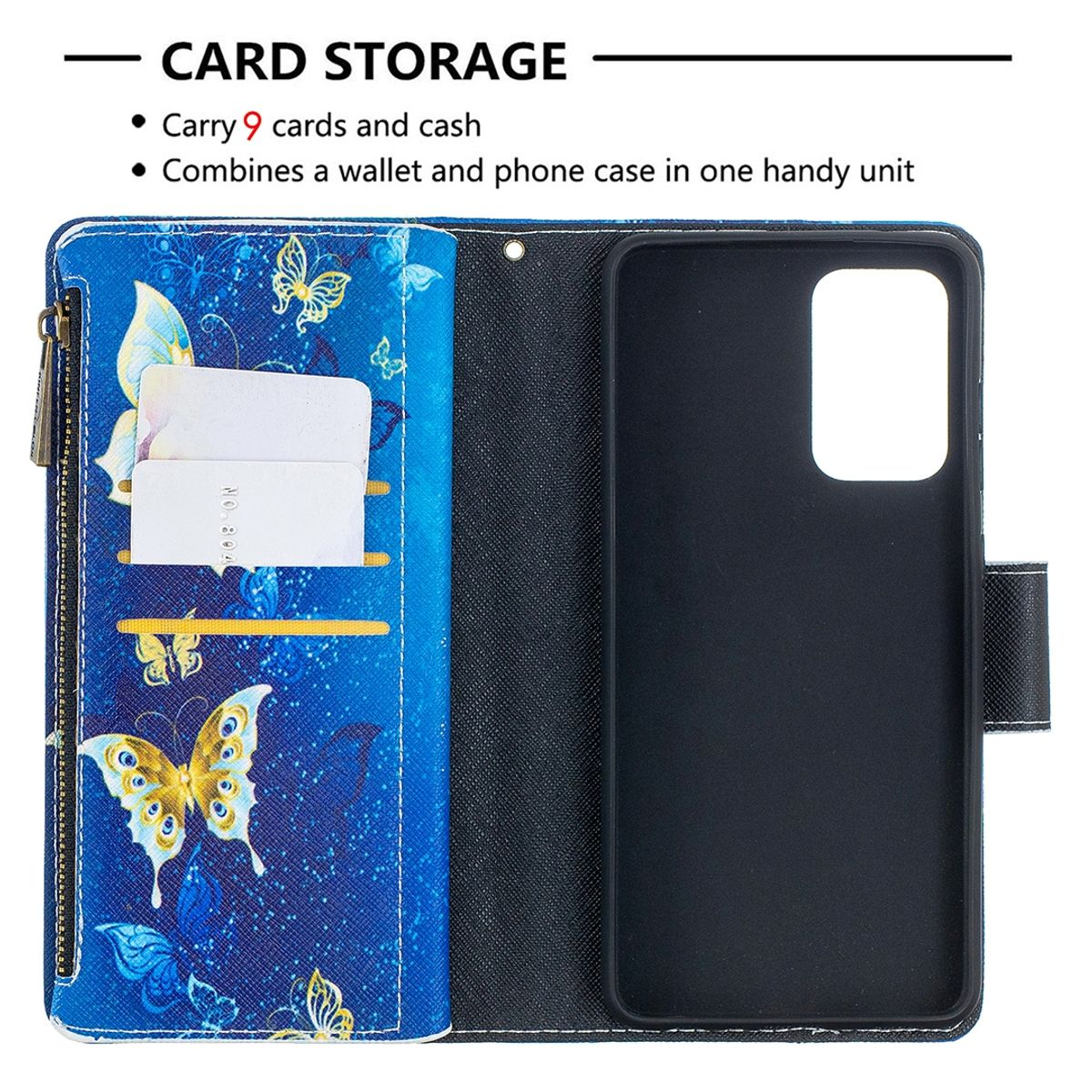 Blaue Handyhülle mit Schmetterlingsdesign, hält Karten und Telefon.