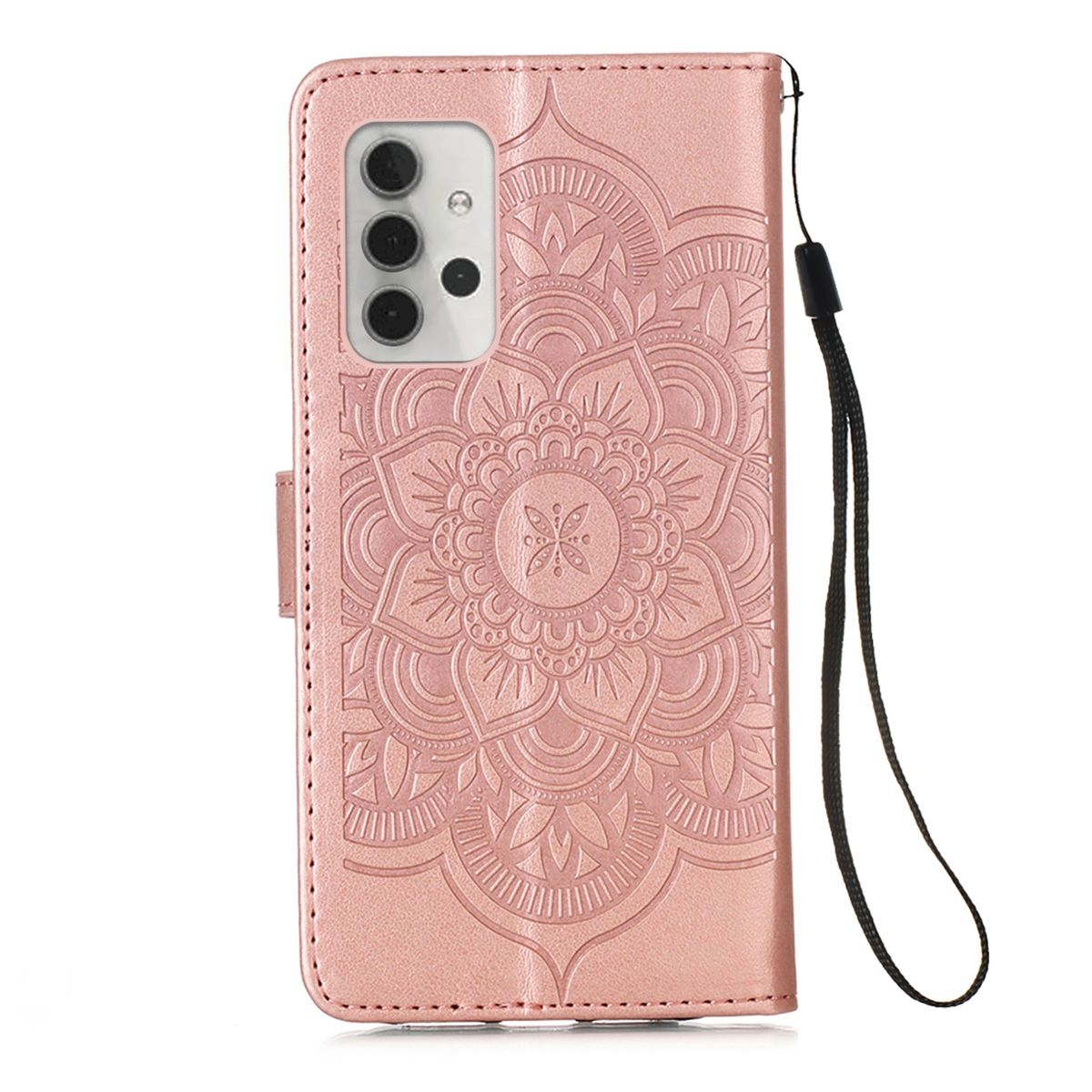 Rosa Handyhülle mit Mandala-Design, schwarze Handschlaufe auf weißem Hintergrund.