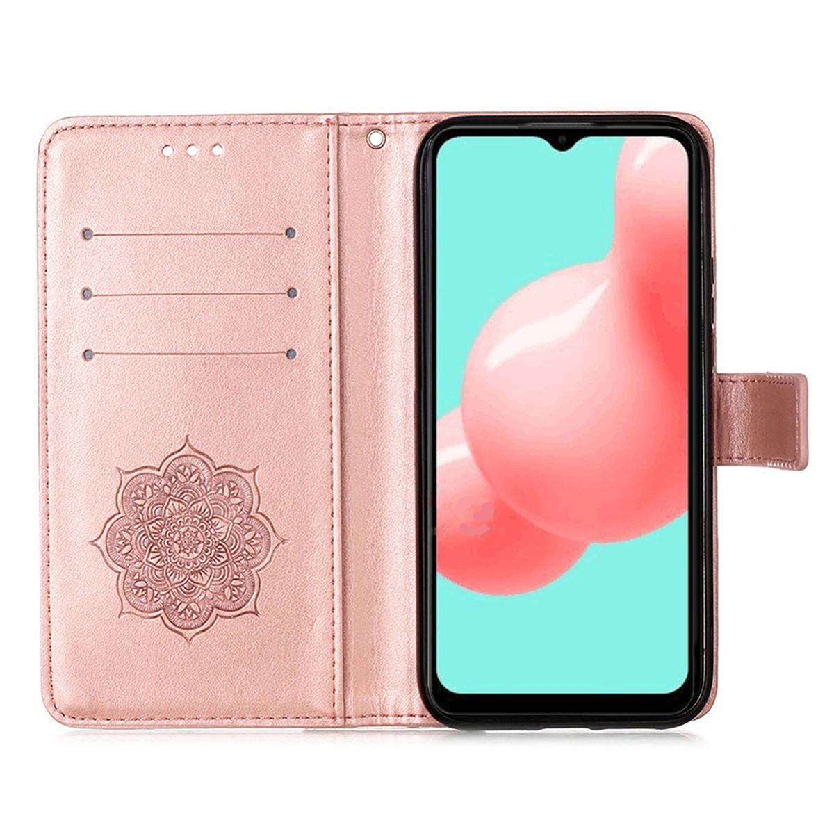 Offene rosa Handyhülle mit Mandala-Design. Telefon mit rosa Hintergrund und zwei Klecksen sichtbar.