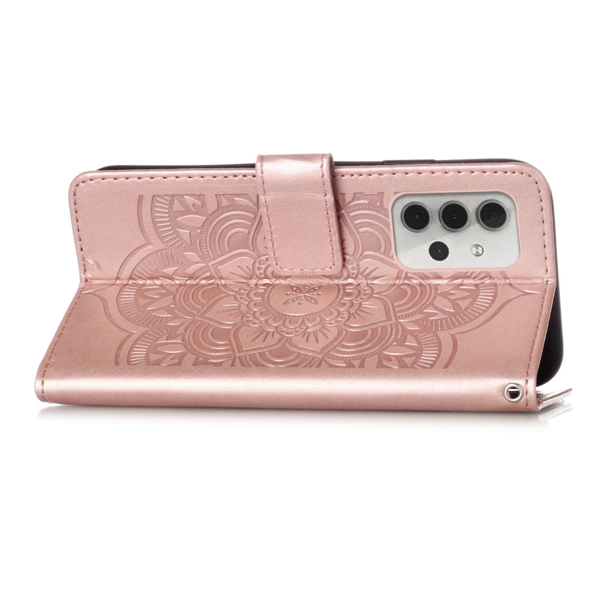 Rosafarbene Handy-Geldbörsenhülle, offen, zeigt das Telefon innen. Verziert mit einem Blumenmuster. Mit Riemen.