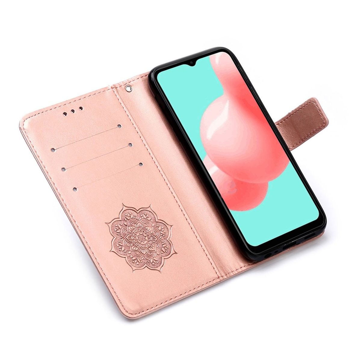 Geöffnete pinke Handyhülle mit Telefon. Mandala-Design auf der Hülle.
