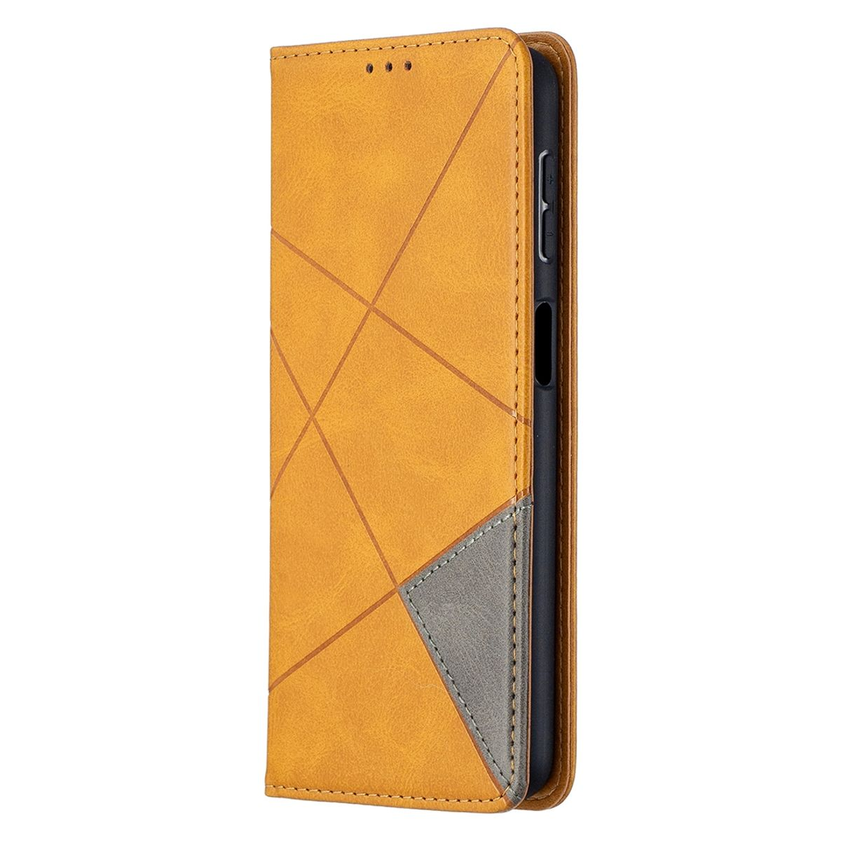 Eine gelbe Handyhülle mit geometrischem Design und einem grauen Dreieck.