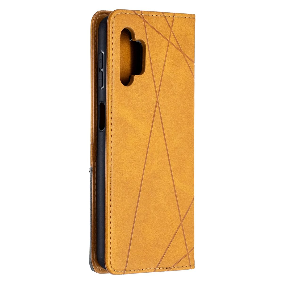 Gelbe Handyhülle mit geometrischem Design. Die Hülle ist geschlossen.