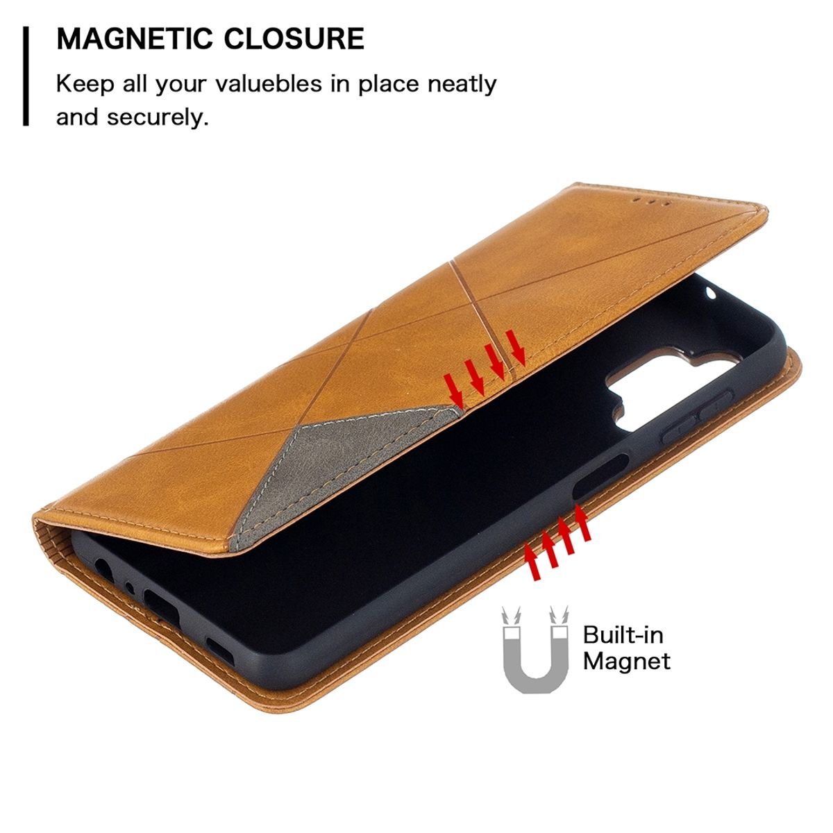 Geöffnete braune Handyhülle mit eingebautem Magneten. Die Hülle liegt auf einer weißen Oberfläche.