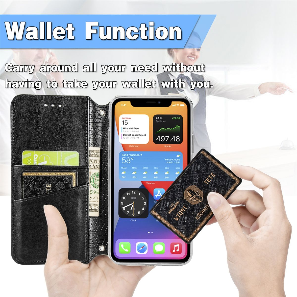 Eine Person hält ein Handy in einer Brieftasche mit Telefon, Karte und Bargeld sichtbar.