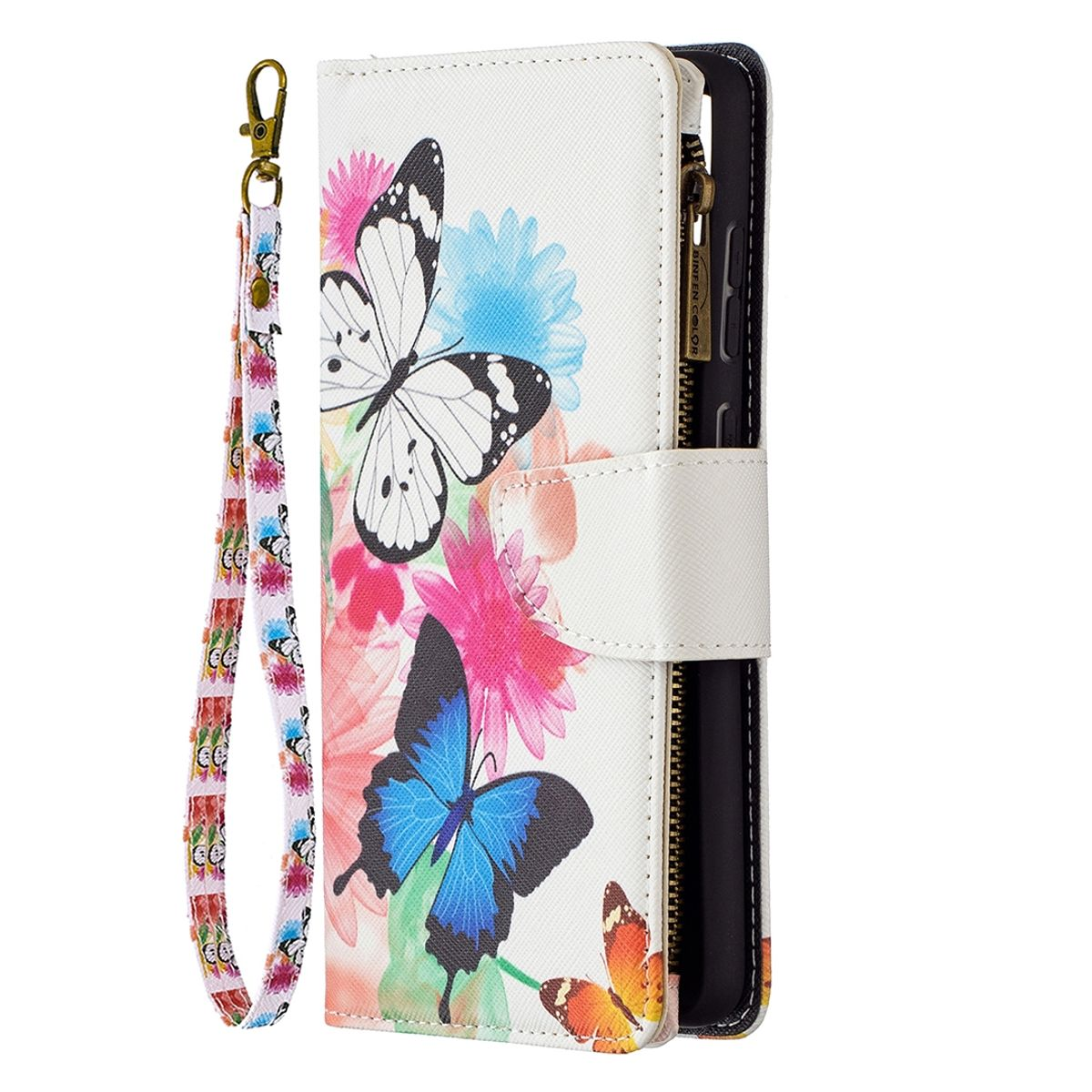 Weiße Handyhülle mit Schmetterlingen und Blumen. Ein Riemen ist befestigt. Offenes Design mit Reißverschlüssen und Taschen.