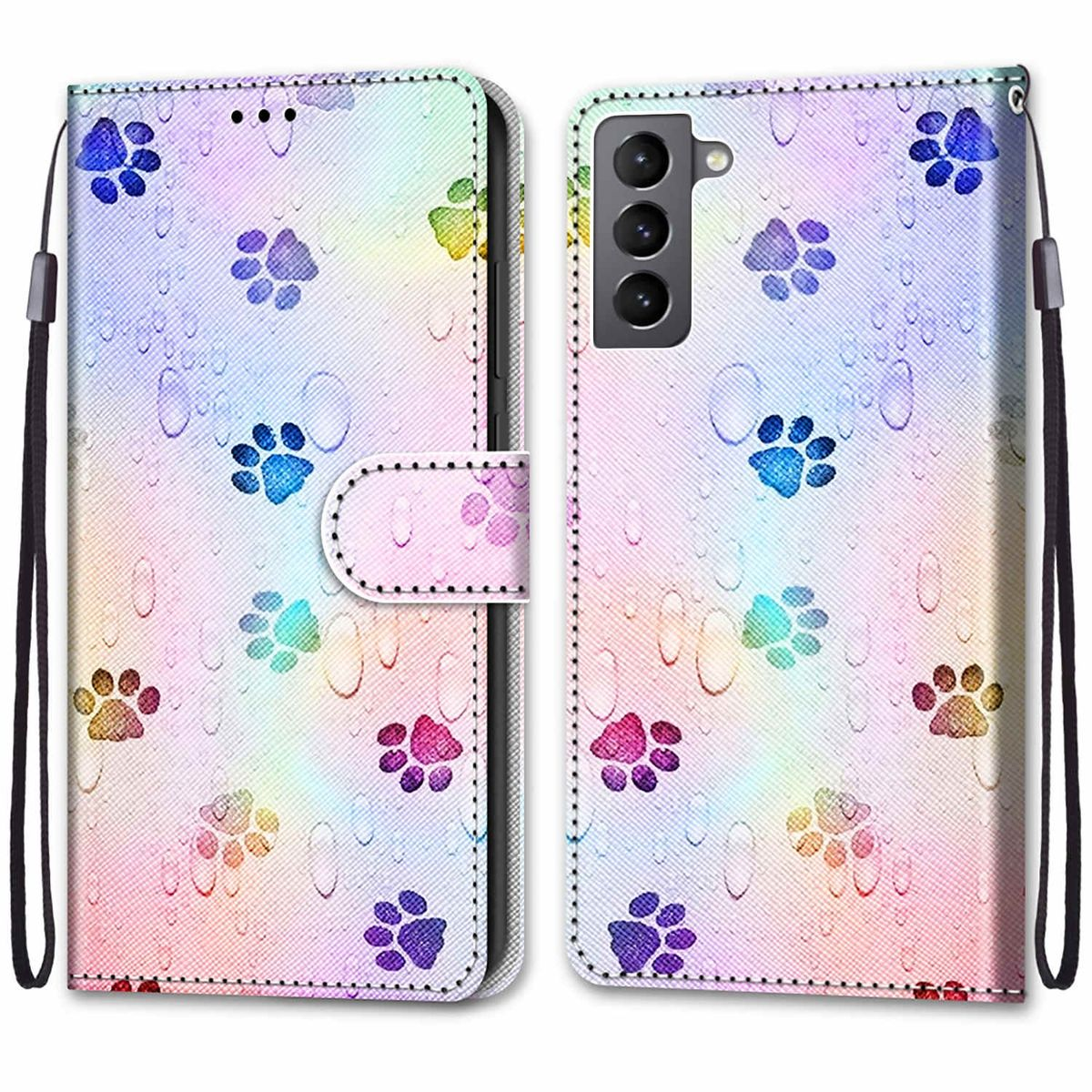 Bunte Handyhülle mit Pfotenabdrücken und Handschlaufe. Geöffnet, um das Telefon zu zeigen.