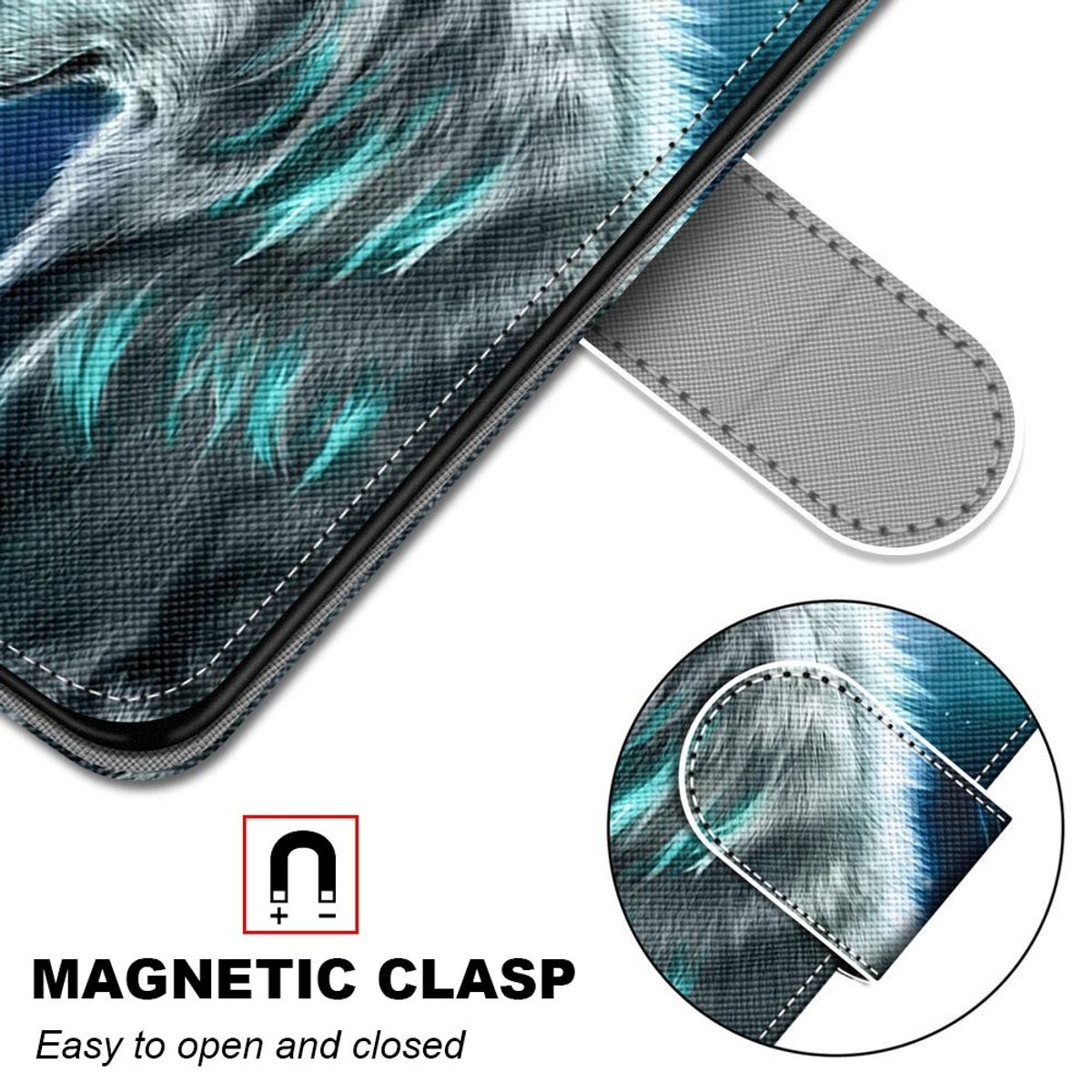 Handyhülle mit Wolfdesign und Magnetverschluss-Detail.