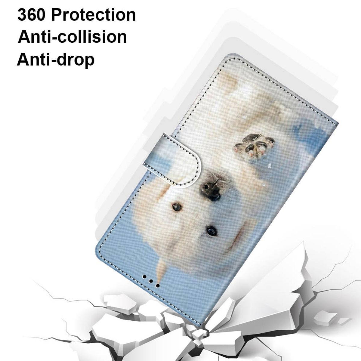 Handyhülle mit Hundebild. Text: 360 Schutz, Anti-Kollision, Anti-Drop.