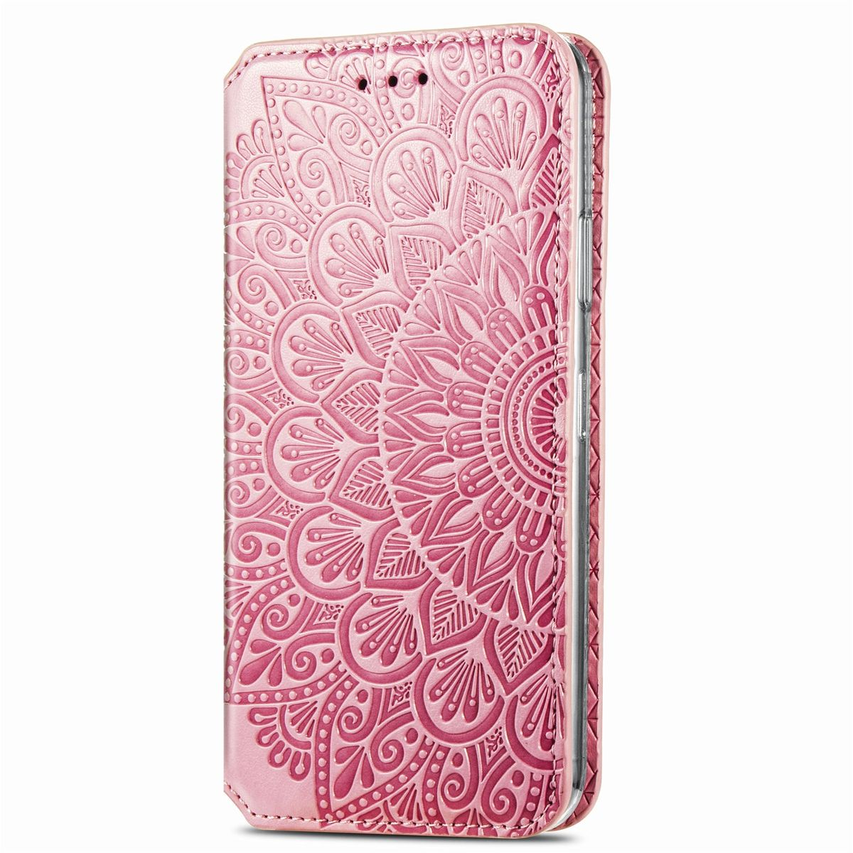 Rosa Handyhülle mit floralem Mandala-Design. Die Hülle ist geschlossen. Der Hintergrund ist weiß.