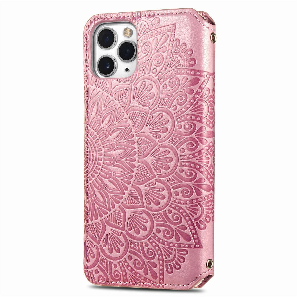 Eine rosa Handyhülle mit Mandala-Design. Es ist Leder mit Schutzhülle, vor Weiß.