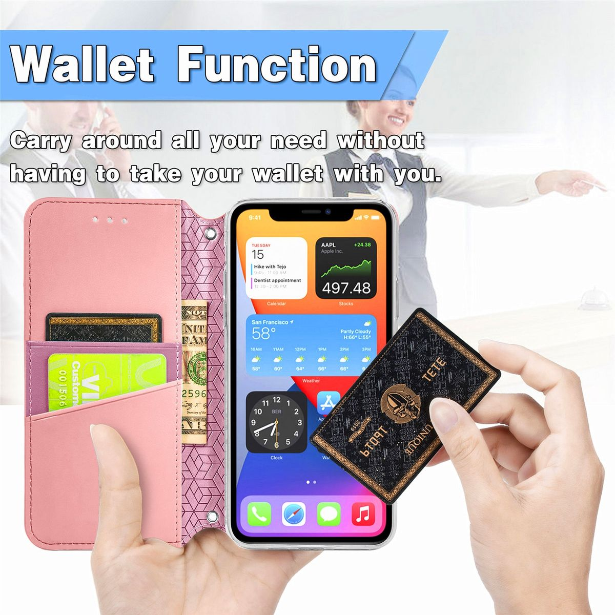 Eine Frau hält eine rosa Handyhülle. Das Telefon zeigt die Wallet-Funktion auf dem Bildschirm.