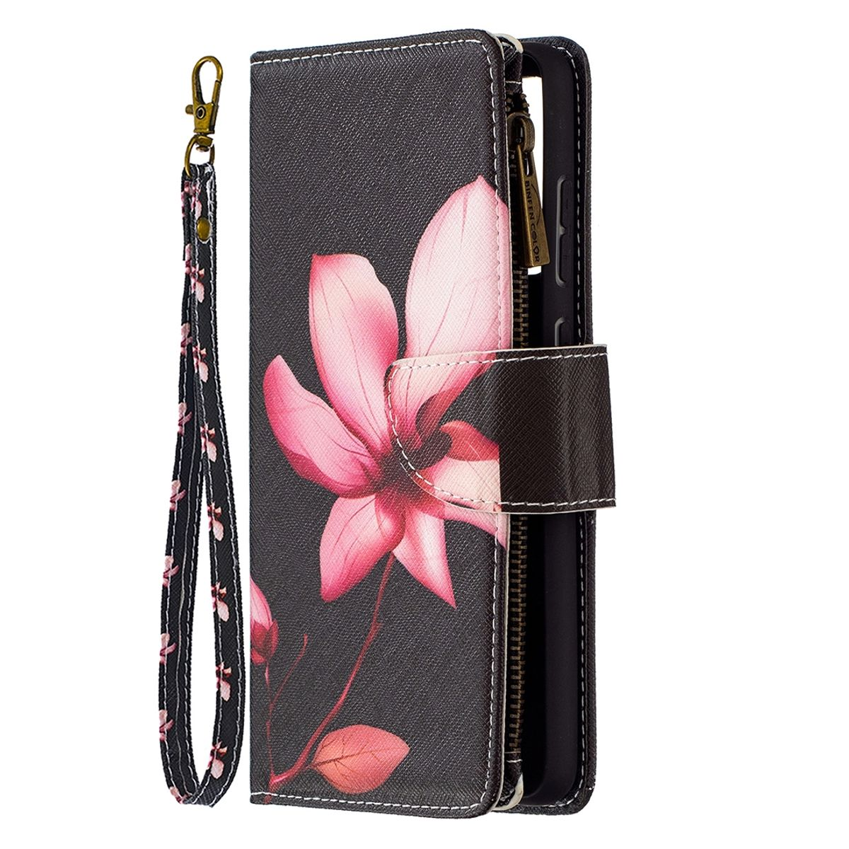 Schwarze Handyhülle mit pinkem Blumendesign, offen mit Telefon und Armband.
