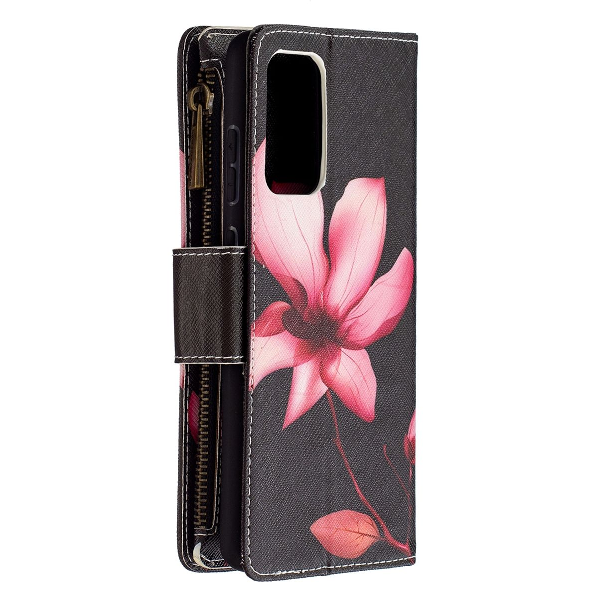 Eine schwarze Handyhülle mit einem rosa Blumendesign. Die Hülle ist geöffnet und zeigt das Telefon und einen Reißverschluss.