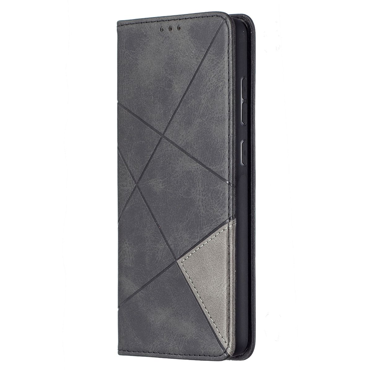 Geschlossene Handyhülle mit geometrischem Design in Grau und Schwarz. Auf flacher Oberfläche.